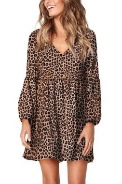 Vestido corto línea holgada manga larga estampado leopardo color cafe